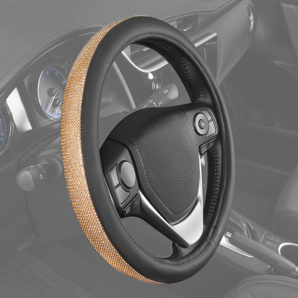 BDK Bling Bling Glitter Diamond Leather Steering Wheel Cover with 9 Rows Crystal Rhinestones, Universal Fit 14.5-15.5 Inch for Women/Girls (Bling Crystal Diamonds - Gold) - Image 4