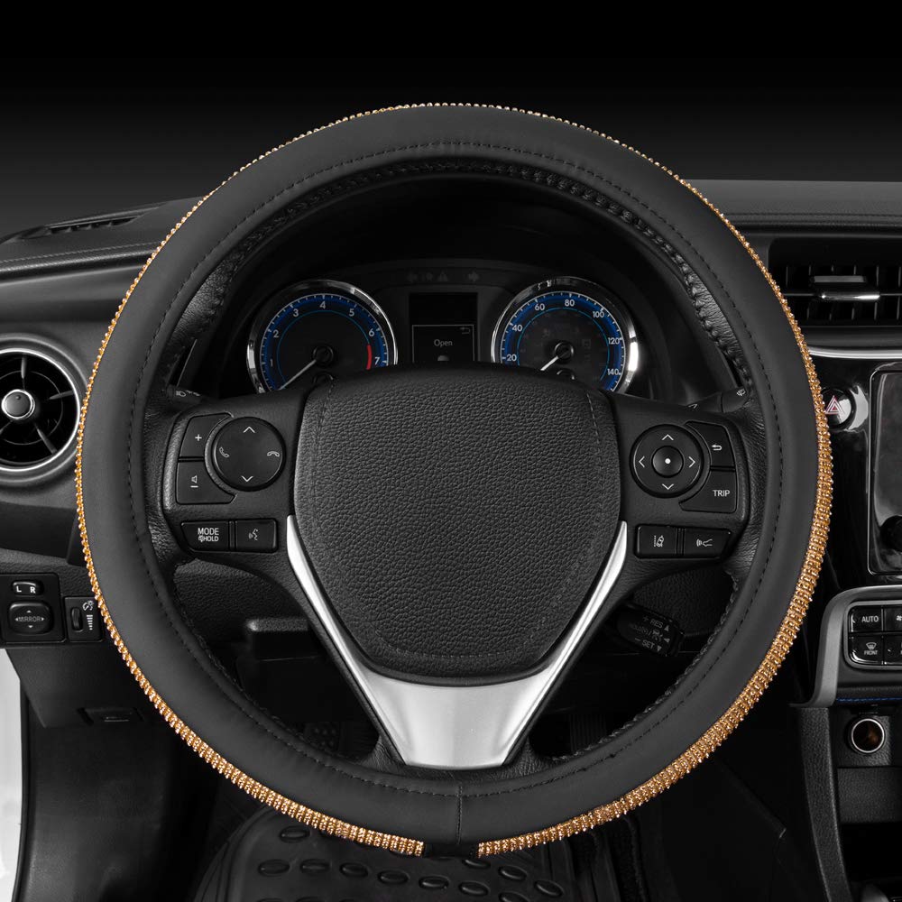BDK Bling Bling Glitter Diamond Leather Steering Wheel Cover with 9 Rows Crystal Rhinestones, Universal Fit 14.5-15.5 Inch for Women/Girls (Bling Crystal Diamonds - Gold) - Image 5