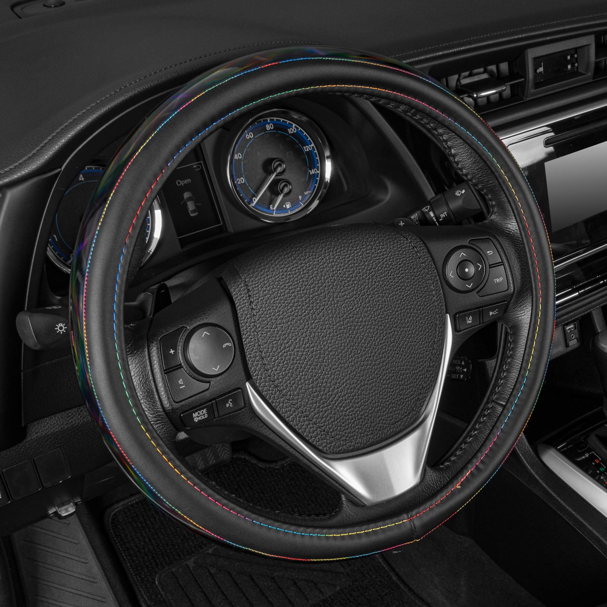 BDK Cute Iridescent Black Steering Wheel Cover for Women, Standard 15 inch Size, Sparkle Faux Leather Car Steering Wheel Cover for Truck Van SUV Auto - Image 4