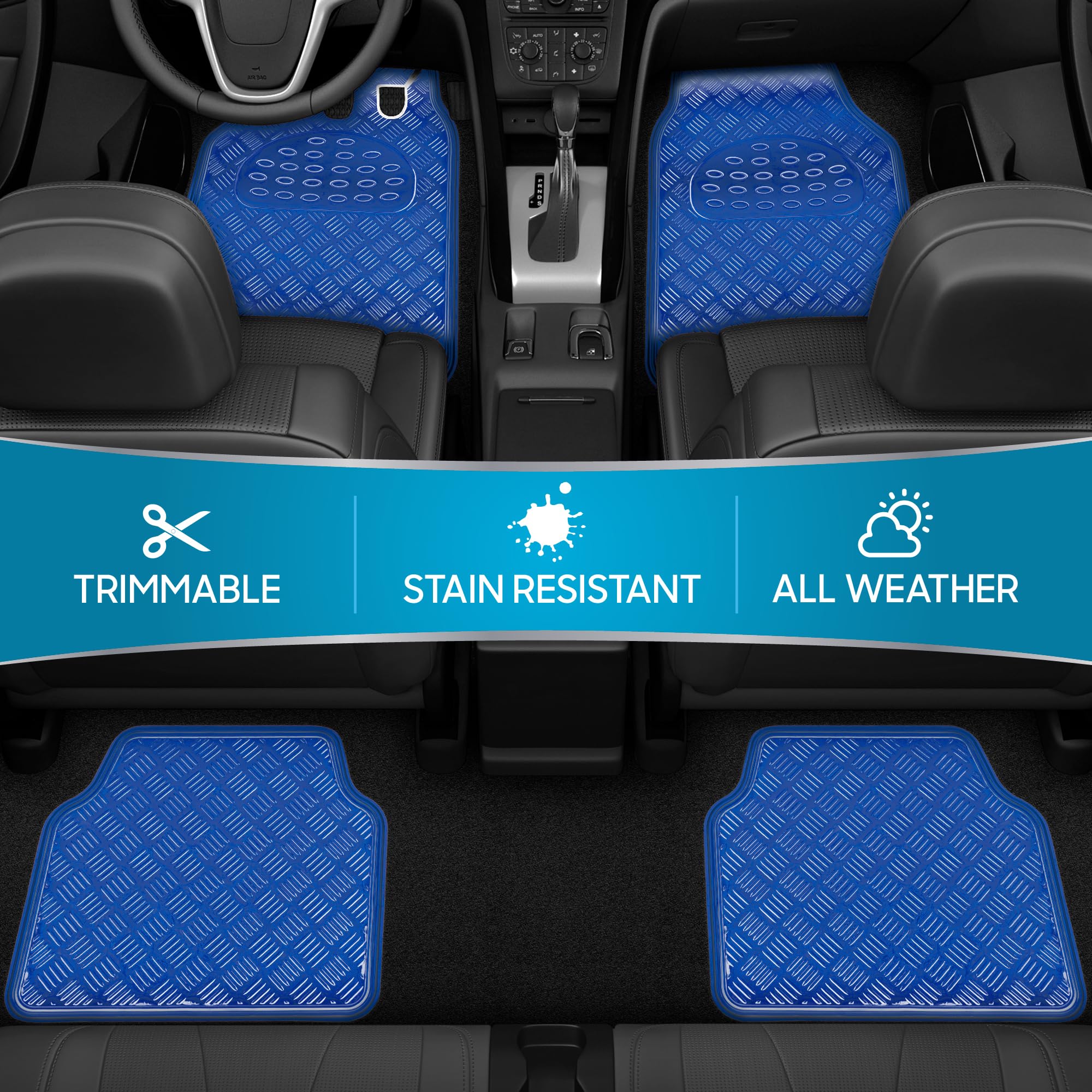 BDK Metallic Chrome Car Floor Mats All-Weather Universal Fit Automotive Floor Mats for Cars SUVs, Floor Mats for Trucks, Car Mats Full Set Front & Rear, Non-Slip Backing - Blue - Image 3