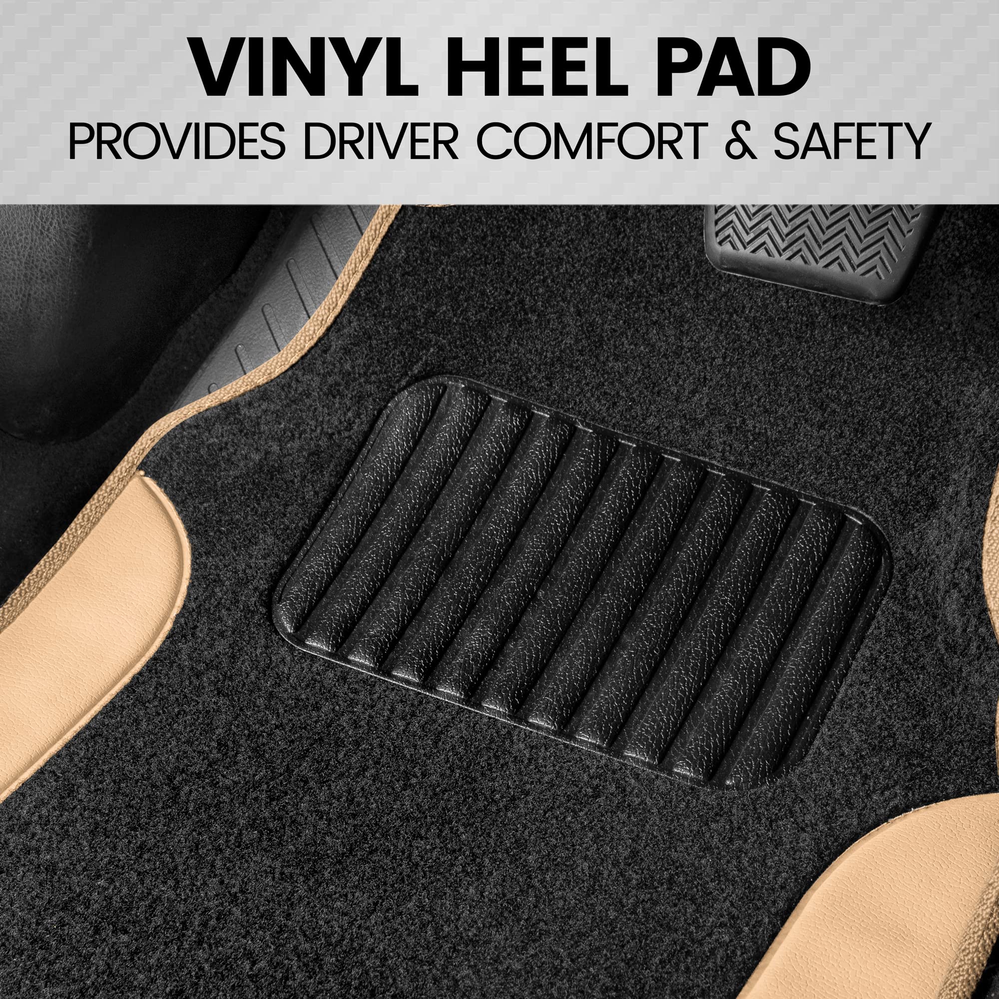 BDK Two-Tone Carpet Car Floor Mats with Faux Leather Accents, Automotive Floor Mat Set with Built-in Heel Pad, Stylish Interior Car Accessories (Beige) - Image 5