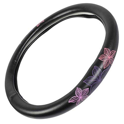 Pretty Rugs Gift Pack - Matching Flowers Design - Black Carpet Floor Mats w/Synthetic Leather Grip Steering Wheel Cover - Image 3